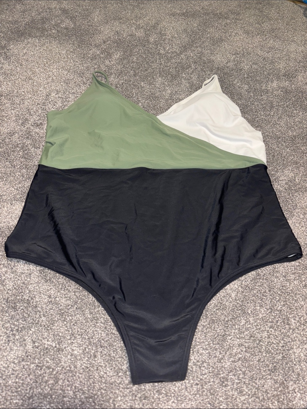 SHEIN Olive Green, White & Black Colorblock One-Piece Swimsuit